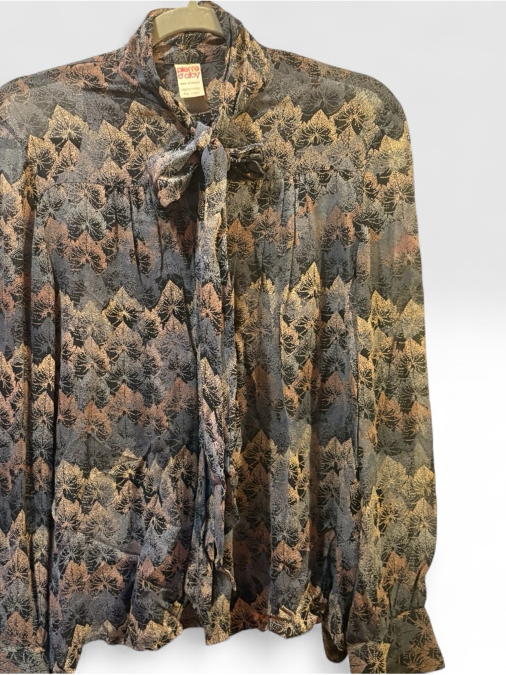 Vintage Pierre d’alby France rayon print Blouse with Gold/taupe Leaf Motif